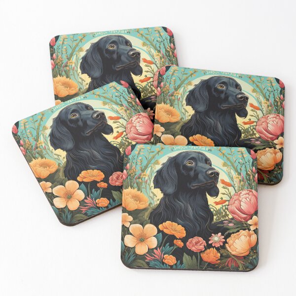 Item preview, black Flat Coated Retriever in floral retro design designed and sold by retriever-dogs.