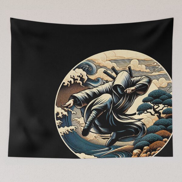 Item preview, Ninjutsu jumping Pose Ukiyo-e Wave Design designed and sold by RedDesignSyc.