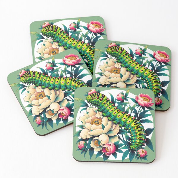 Item preview, Emerald Dance - Peonies and Swallowtail Butterfly Larva designed and sold by UkiyoBug.