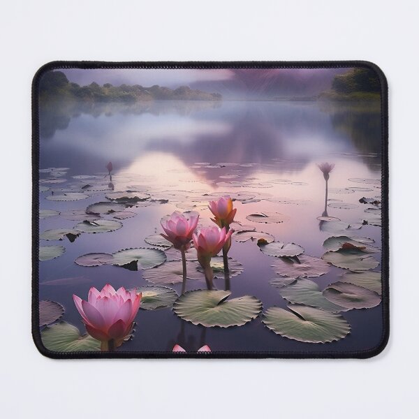 Item preview, Misty lake and water lilies with mountains at sunset long exposure - Landscape photography designed and sold by TheArtistOf2022.