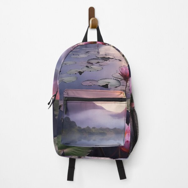 Item preview, Misty lake and water lilies with mountains at sunset long exposure - Landscape photography designed and sold by TheArtistOf2022.
