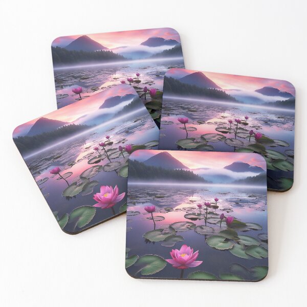 Item preview, Misty lake and water lilies with mountains at sunset long exposure - Landscape photography designed and sold by TheArtistOf2022.
