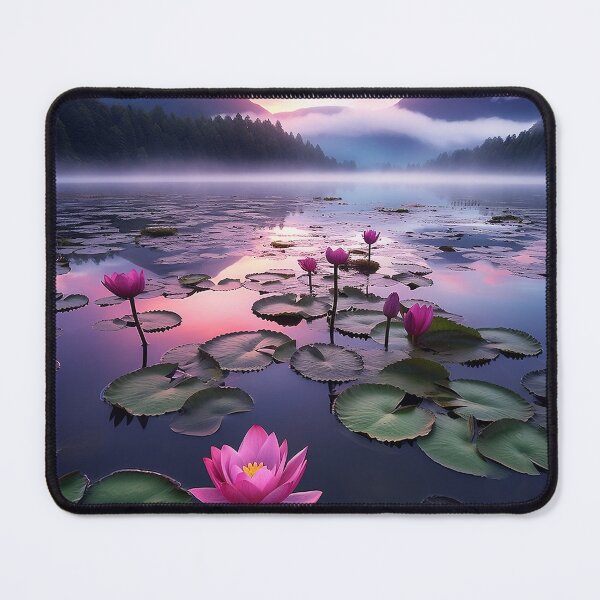 Item preview, Misty lake and water lilies with mountains at sunset long exposure - Landscape photography designed and sold by TheArtistOf2022.