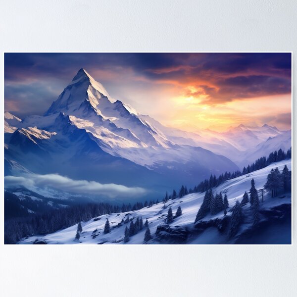 Artikelvorschau, Berge und Bäume im Winter bei Sonnenaufgang - Landschaftsfotografie entworfen und verkauft von TheArtistOf2022.