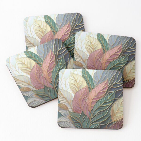 Item preview, leaves in pastel colors with thin golden lines on the edges painting, vivid, art vivid, painting logo picture leaves pastel colors cream pink green designed and sold by gulka8.