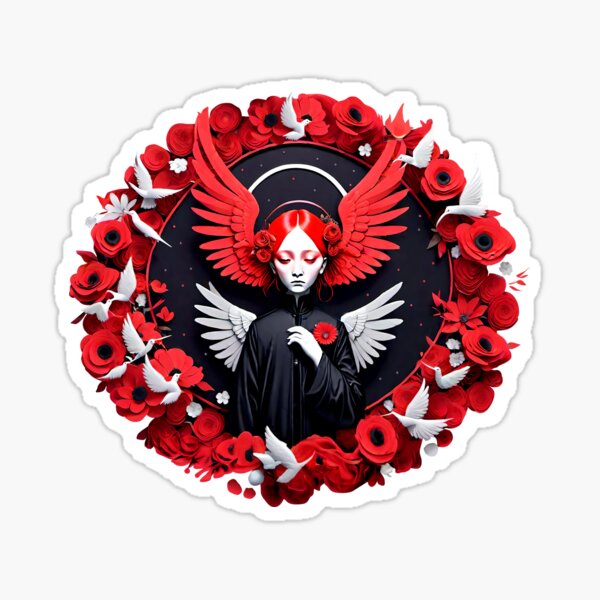 Sad geisha angel with floral wings, girl graphic, mystical white birds Sticker