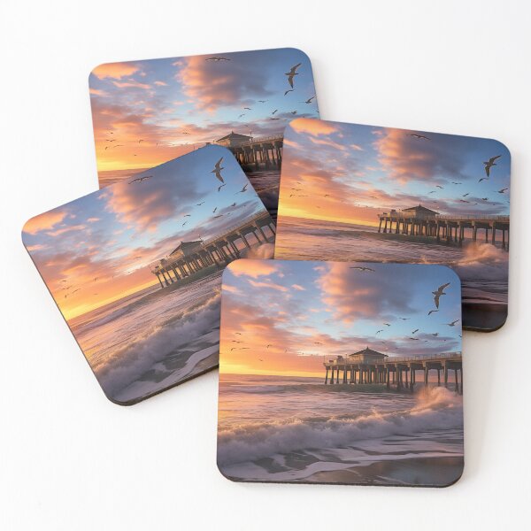 Item preview, Sandy beach with pier at sunset in long exposure - Landscape photography designed and sold by TheArtistOf2022.