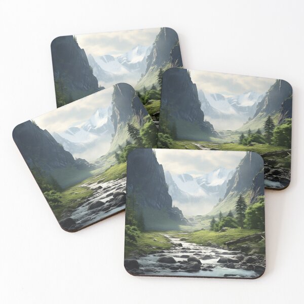 Item preview, Misty river in a green valley with mountains long exposure - Landscape photography designed and sold by TheArtistOf2022.