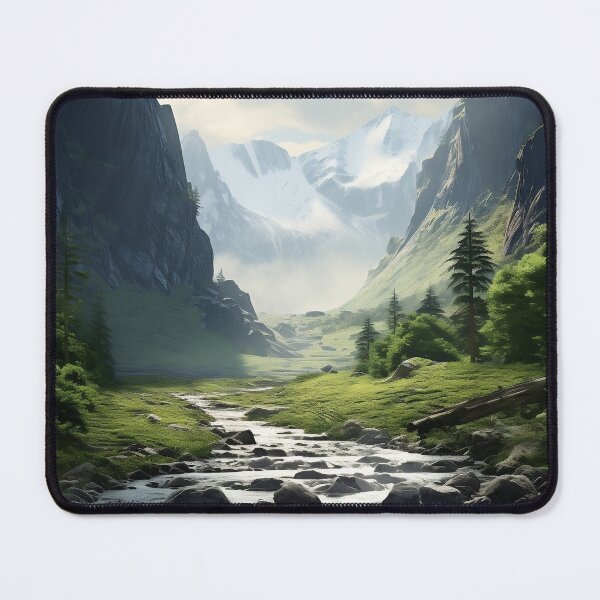 Item preview, Misty river in a green valley with mountains long exposure - Landscape photography designed and sold by TheArtistOf2022.