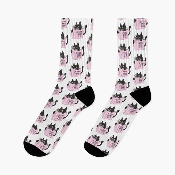 Item preview, Fictional Men Are Better Black Cat Book Lovers Pink Bookish Cat and books designed and sold by StickyBook.