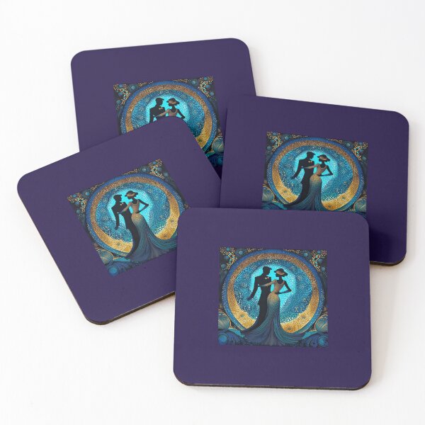 Item preview, couple dancing in the moonlight, blue and gold art deco style designed and sold by Creativesphotos.