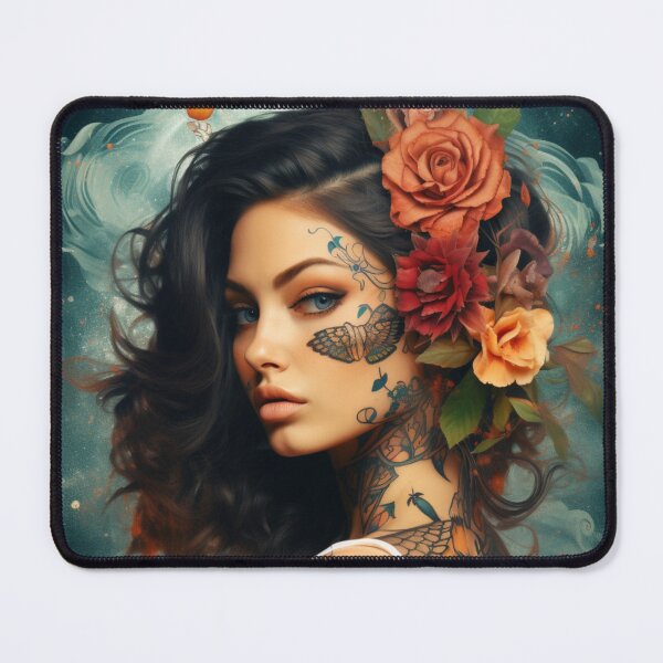 Item preview, Beautiful Young Woman with Tattoos - UHD Image, Holotone Printing, Celebrity Mashups designed and sold by MedusaAiArt.