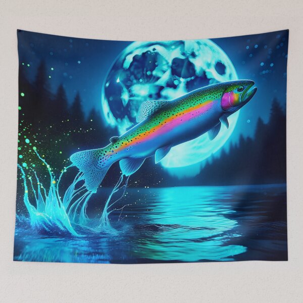 Item preview, Bioluminescent Rainbow Trout Nightscape: A Lunarpunk Custom Print with Surrealistic Charm designed and sold by Matt's Artificial Nature.