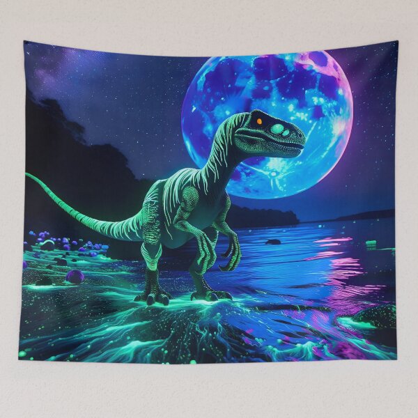 Item preview, Futuristic Velociraptor Beach Tapestry: KawaiiPunk Meets Hyper-Realism designed and sold by Matt's Artificial Nature.