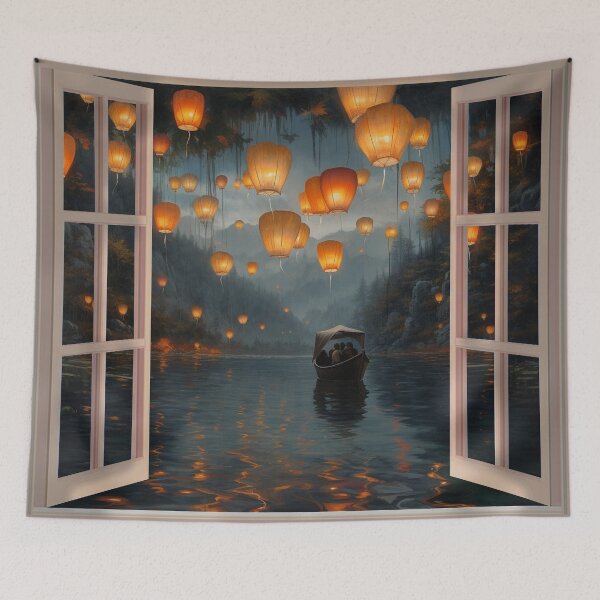 Item preview, Lanterns and boat in lake designed and sold by zand-n-zive.