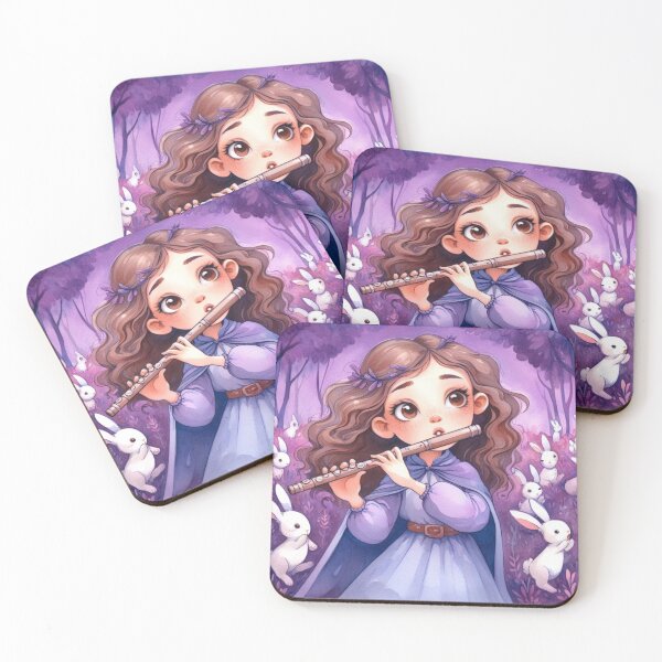 Item preview, Girl in Cape Playing Flute in Purple Forest with Bunnies (#3/4) Music Student Gift designed and sold by ElegantTeaTime.
