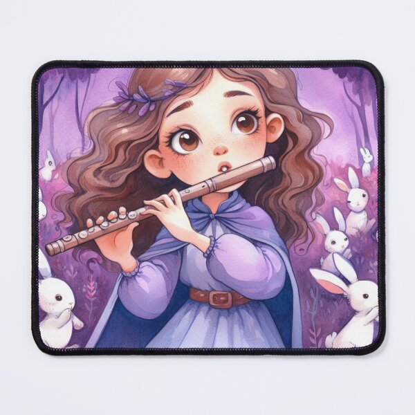 Item preview, Girl in Cape Playing Flute in Purple Forest with Bunnies (#3/4) Music Student Gift designed and sold by ElegantTeaTime.