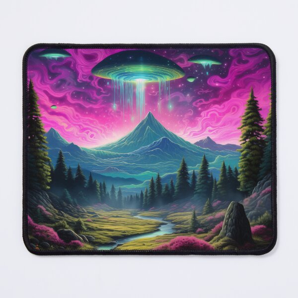 Item preview, Blacklight Style Fluorescent Interdimensional Visitors Over Mountains And Valley designed and sold by Matt's Artificial Nature.