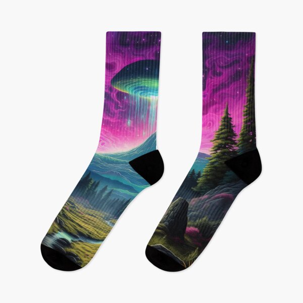 Item preview, Blacklight Style Fluorescent Interdimensional Visitors Over Mountains And Valley designed and sold by Matt's Artificial Nature.