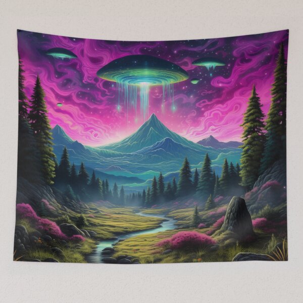 Item preview, Blacklight Style Fluorescent Interdimensional Visitors Over Mountains And Valley designed and sold by Matt's Artificial Nature.
