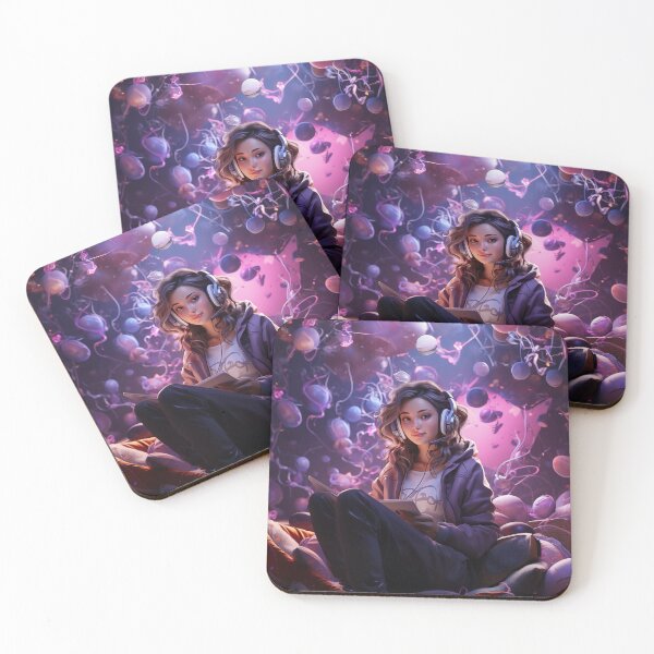 Item preview, A Girl with a headset and a notebook in a purple chaos background. designed and sold by Creative Universe ©.