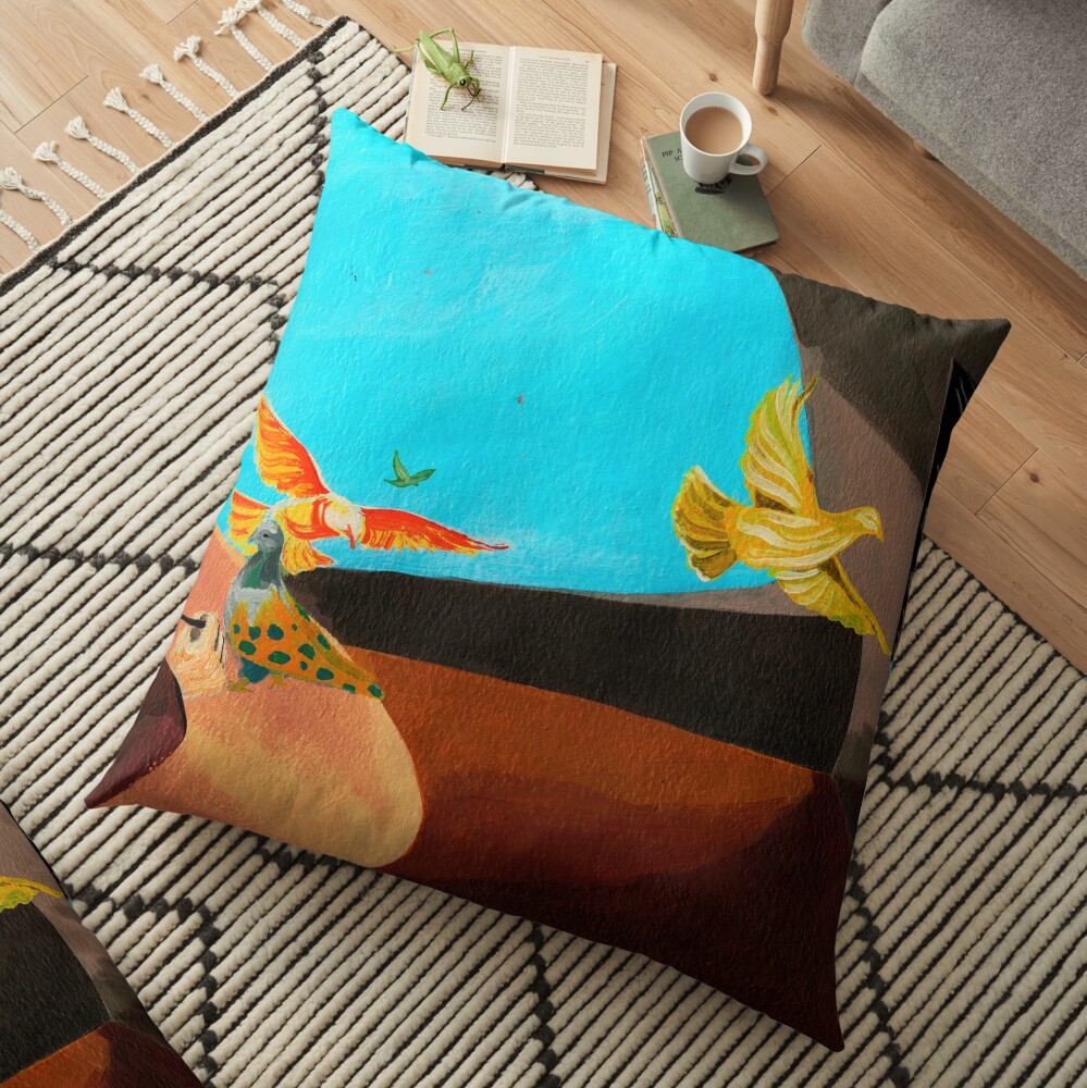 Old man painting pigeons children's book illustration Floor Pillow
