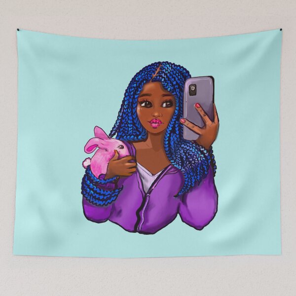 Item preview, Cool edgy black girl and rabbit 2 with hair in blue braids and camera phone- black girl designed and sold by Artonmytee.