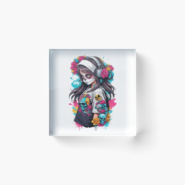 Item preview, Sugar Skull Girl with Black Hair & Headphones designed and sold by A78-Designs.