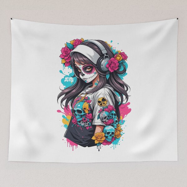 Item preview, Sugar Skull Girl with Black Hair & Headphones designed and sold by A78-Designs.