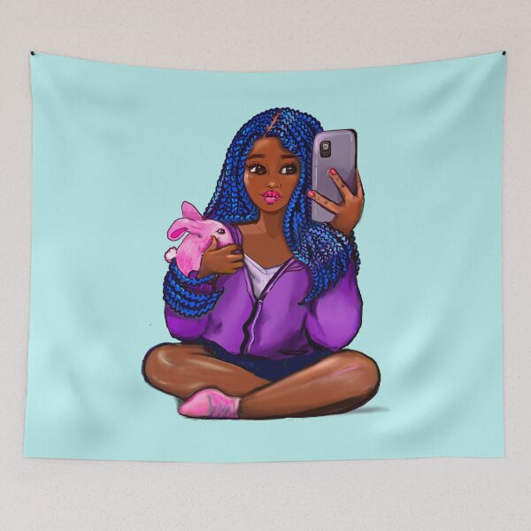 Item preview, Cool edgy black girl and rabbit 3 with hair in blue braids and camera phone- black girl designed and sold by Artonmytee.