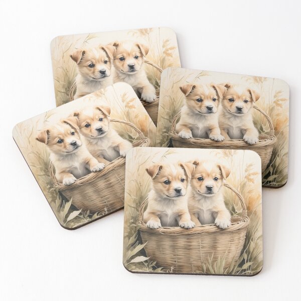 Artikelvorschau, 002 Cute Puppies in a Basket in an Ink Wash Painting Illustration entworfen und verkauft von Alexis Art Collection.