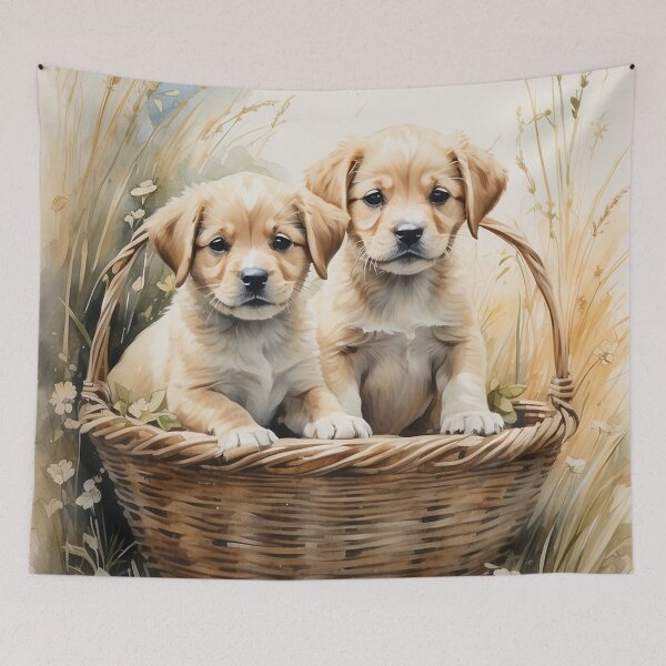 Artikelvorschau, 003 Cute Puppies in a Basket in an Ink Wash Painting Illustration entworfen und verkauft von Alexis Art Collection.