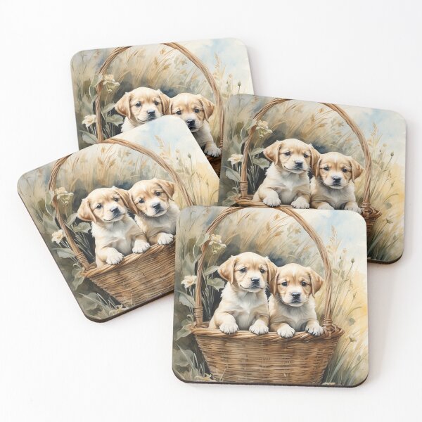 Artikelvorschau, 004 Cute Puppies in a Basket in an Ink Wash Painting Illustration entworfen und verkauft von Alexis Art Collection.