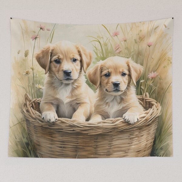 Artikelvorschau, 005 Cute Puppies in a Basket in an Ink Wash Painting Illustration entworfen und verkauft von Alexis Art Collection.