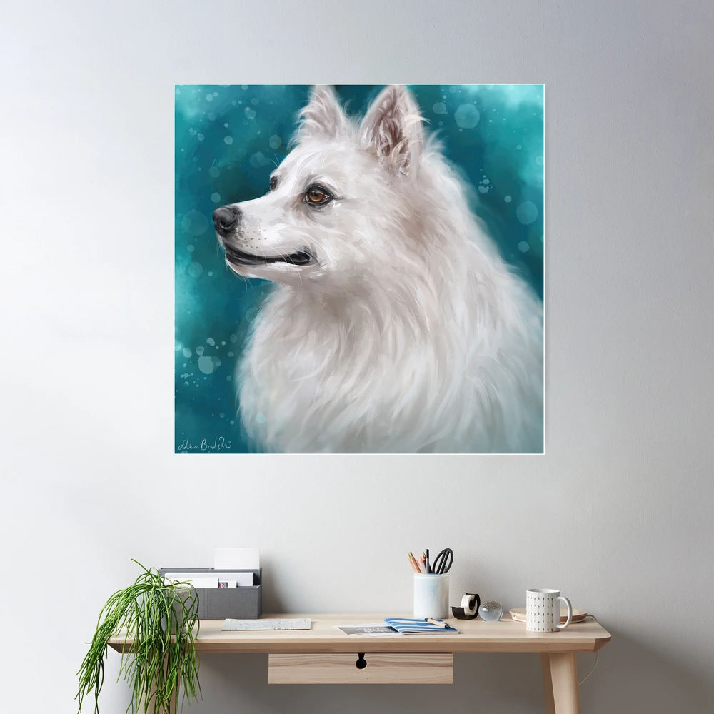 Painting of a Fluffy White Japanese Spitz Dog on Blue Background
