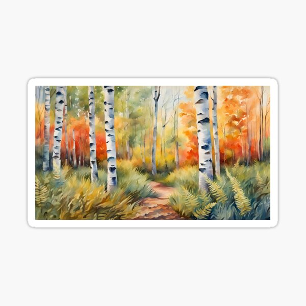 Silver Birch Trees in Colourful Woodland Sticker