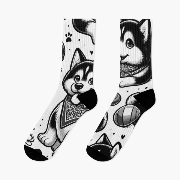 Artikelvorschau, Schwarz-weißer Siberian-Husky-Welpen-Cartoon-Druck auf entworfen und verkauft von ExtraMessages.