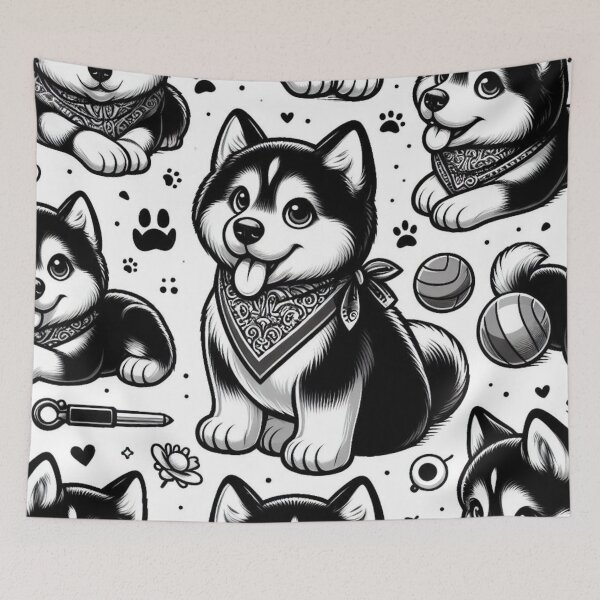 Artikelvorschau, Schwarz-weißer Siberian-Husky-Welpen-Cartoon-Druck auf entworfen und verkauft von ExtraMessages.