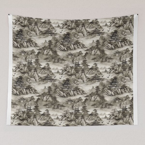 Item preview, Copy of Copy of Chinese landscape ink blue designed and sold by Alessandro Remo Mazzoni Remotextiles.