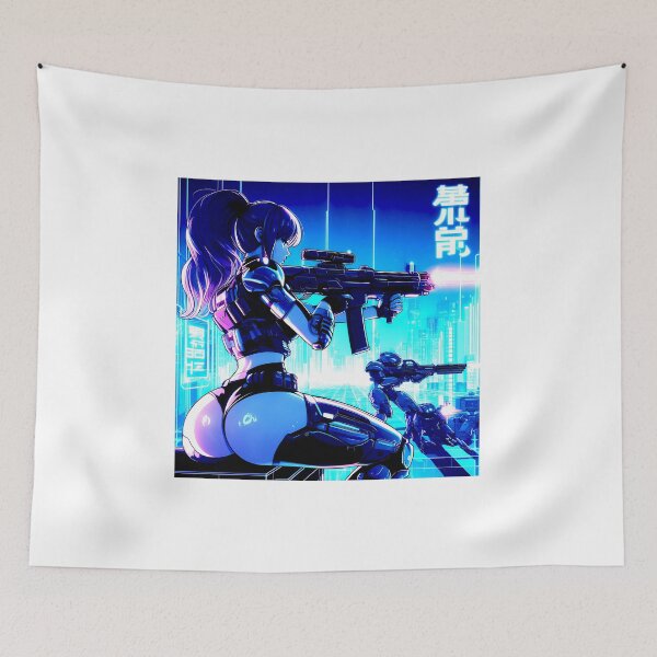Item preview, Sexy Cyberpunk Style Anime Girl Shooting Gun designed and sold by TeesByPatrick.