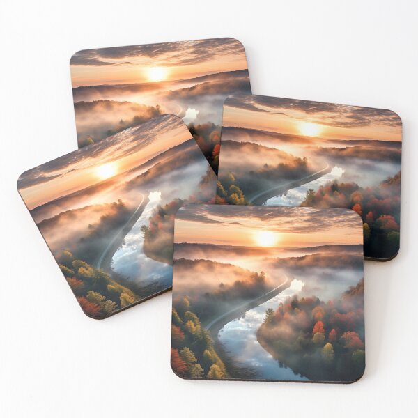 Item preview, Misty forest in Autumn at sunset with river long exposure - Landscape photography designed and sold by TheArtistOf2022.