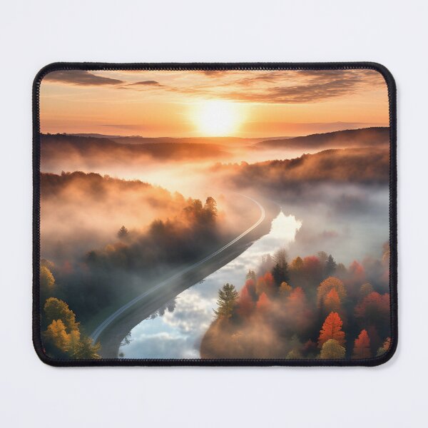 Item preview, Misty forest in Autumn at sunset with river long exposure - Landscape photography designed and sold by TheArtistOf2022.