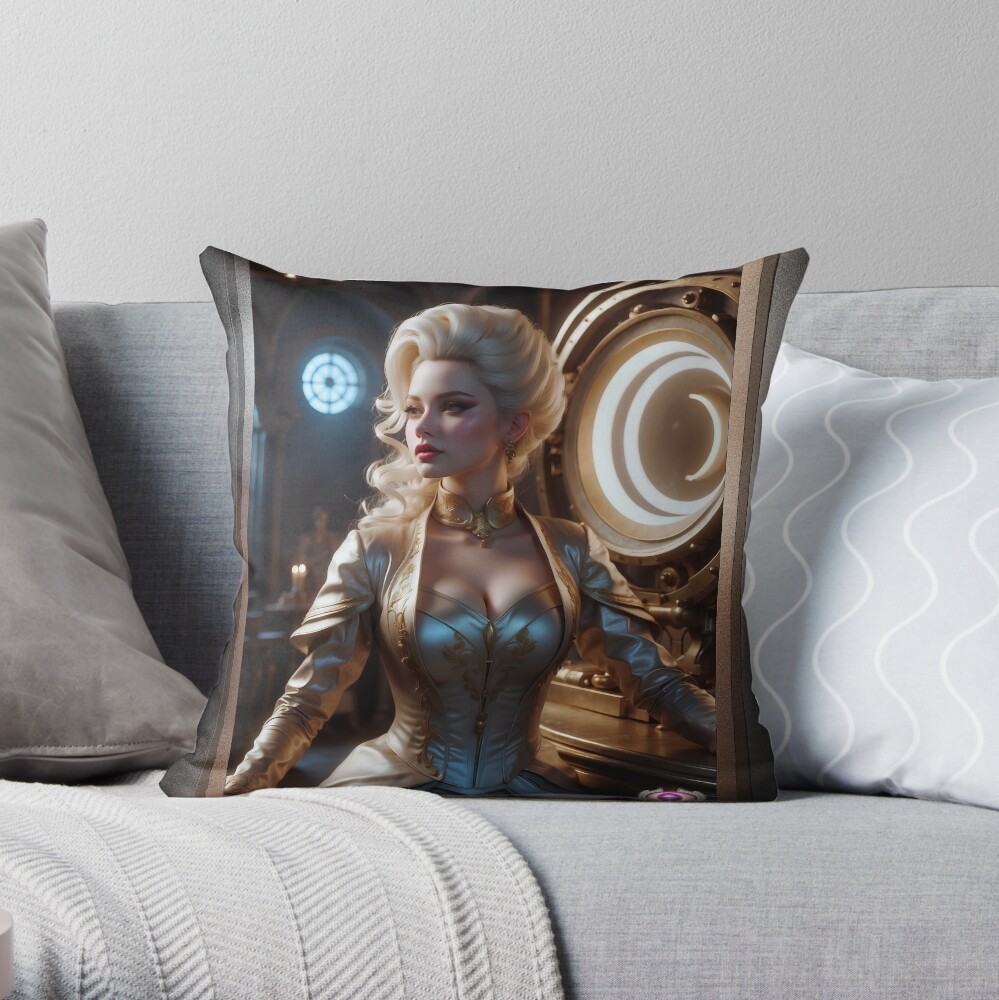 The Proprietress AI Concept Art by Xzendor7 - Platinum Blonde Beauty 4 The Proprietress Stunning AI Concept Art Platinum Blonde Portrait by Xzendor7 Decorative Throw Pillow Art Print