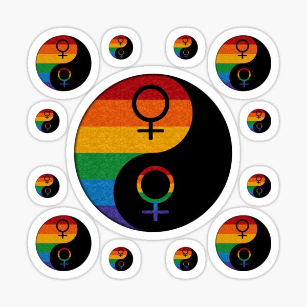 Rainbow Colored Lesbian Pride Yin and Yang with Female Gender Symbols Sticker