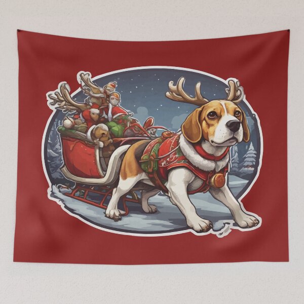 Item preview, Beagle Wearing Reindeer Costume Pulling a Sleigh Full of Gifts designed and sold by thecatcouch.
