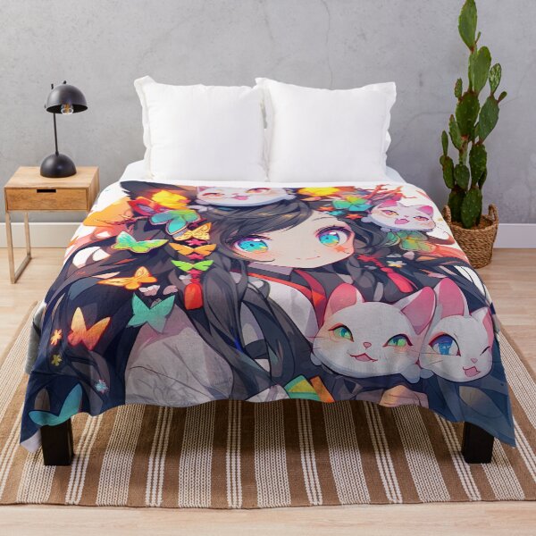 Item preview, Whimsical Vibrant Anime Girl and Cats designed and sold by bubblegoth.