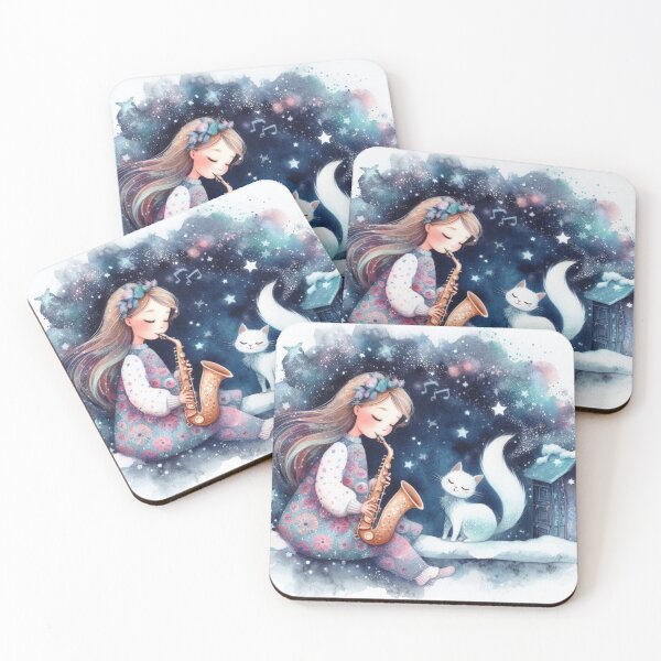 Item preview, Girl Playing Saxophone with White Persian Cat on Snowy Roof at Night Great Music Student Gift designed and sold by ElegantTeaTime.