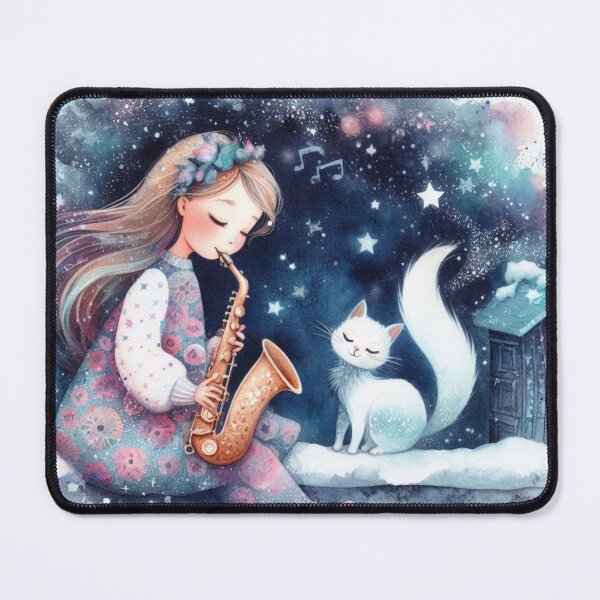 Item preview, Girl Playing Saxophone with White Persian Cat on Snowy Roof at Night Great Music Student Gift designed and sold by ElegantTeaTime.