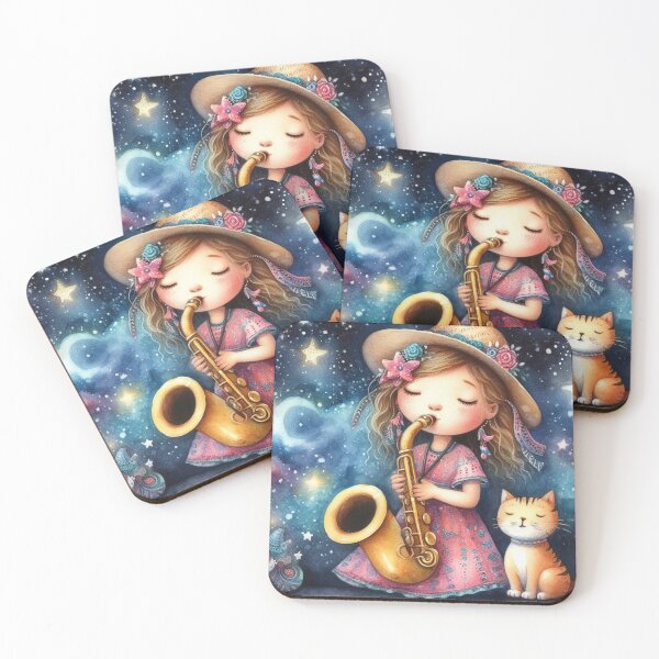 Item preview, Girl Playing Saxophone with Yellow Tabby Cat on Starry Summer Night Great Music Student Gift designed and sold by ElegantTeaTime.