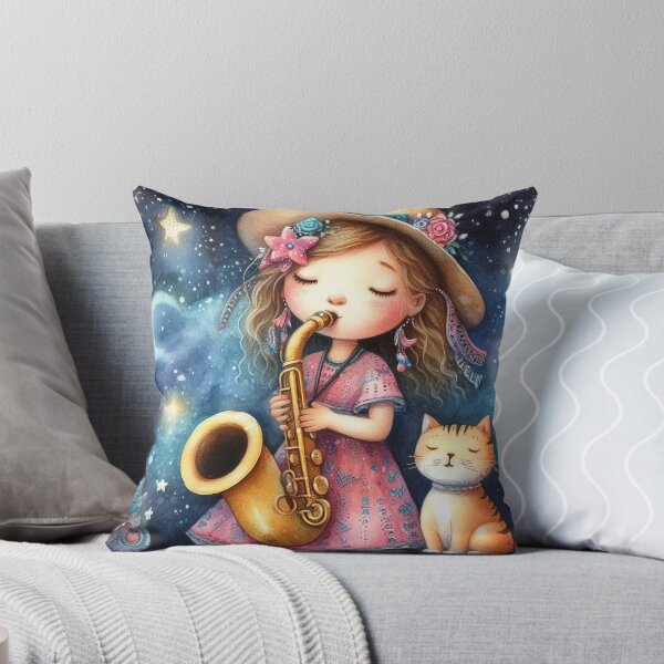 Item preview, Girl Playing Saxophone with Yellow Tabby Cat on Starry Summer Night Great Music Student Gift designed and sold by ElegantTeaTime.